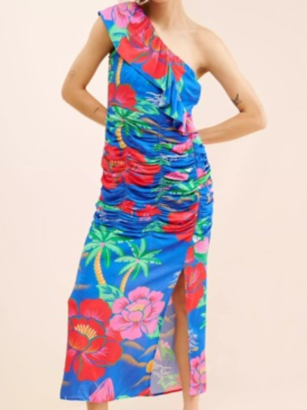 FARM Rio One Shoulder Ruched Tropical Floral Midi Dress Sz L